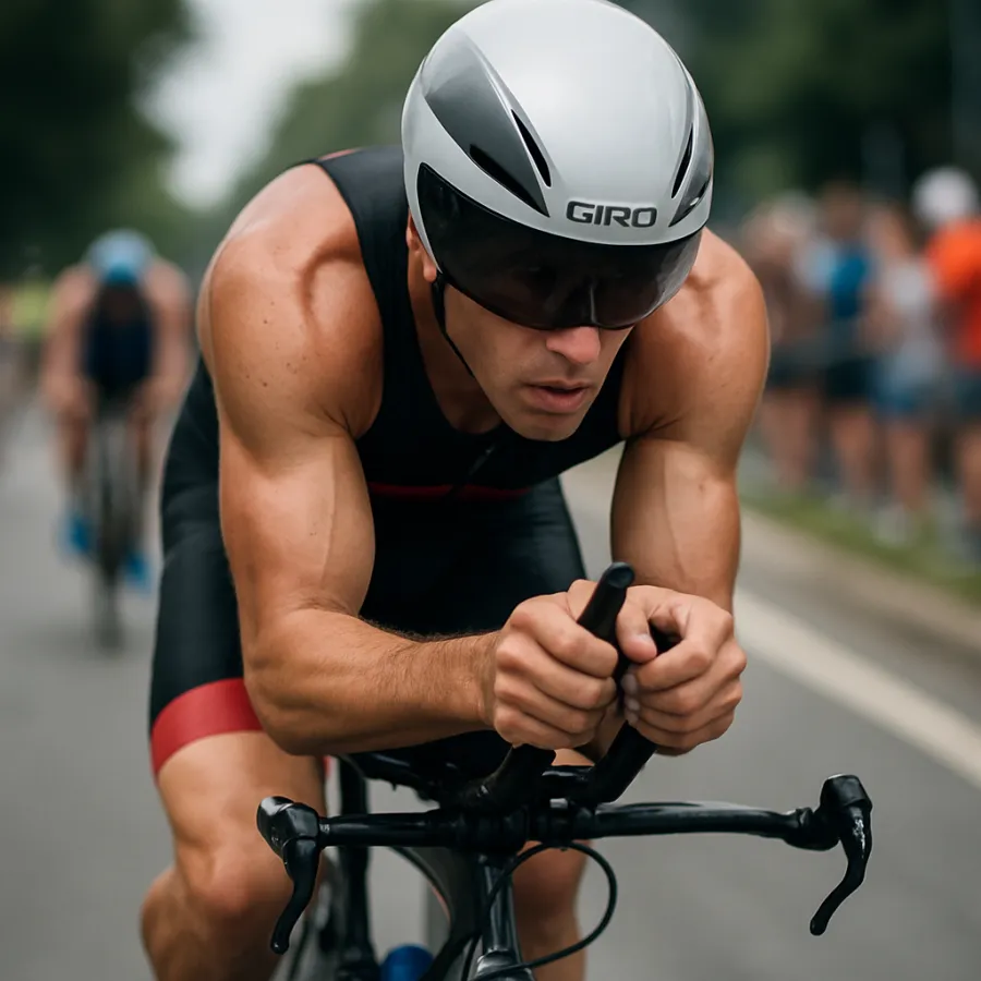 Triathlete in aero position on triathlon bike wearing Giro aero helmet during race
