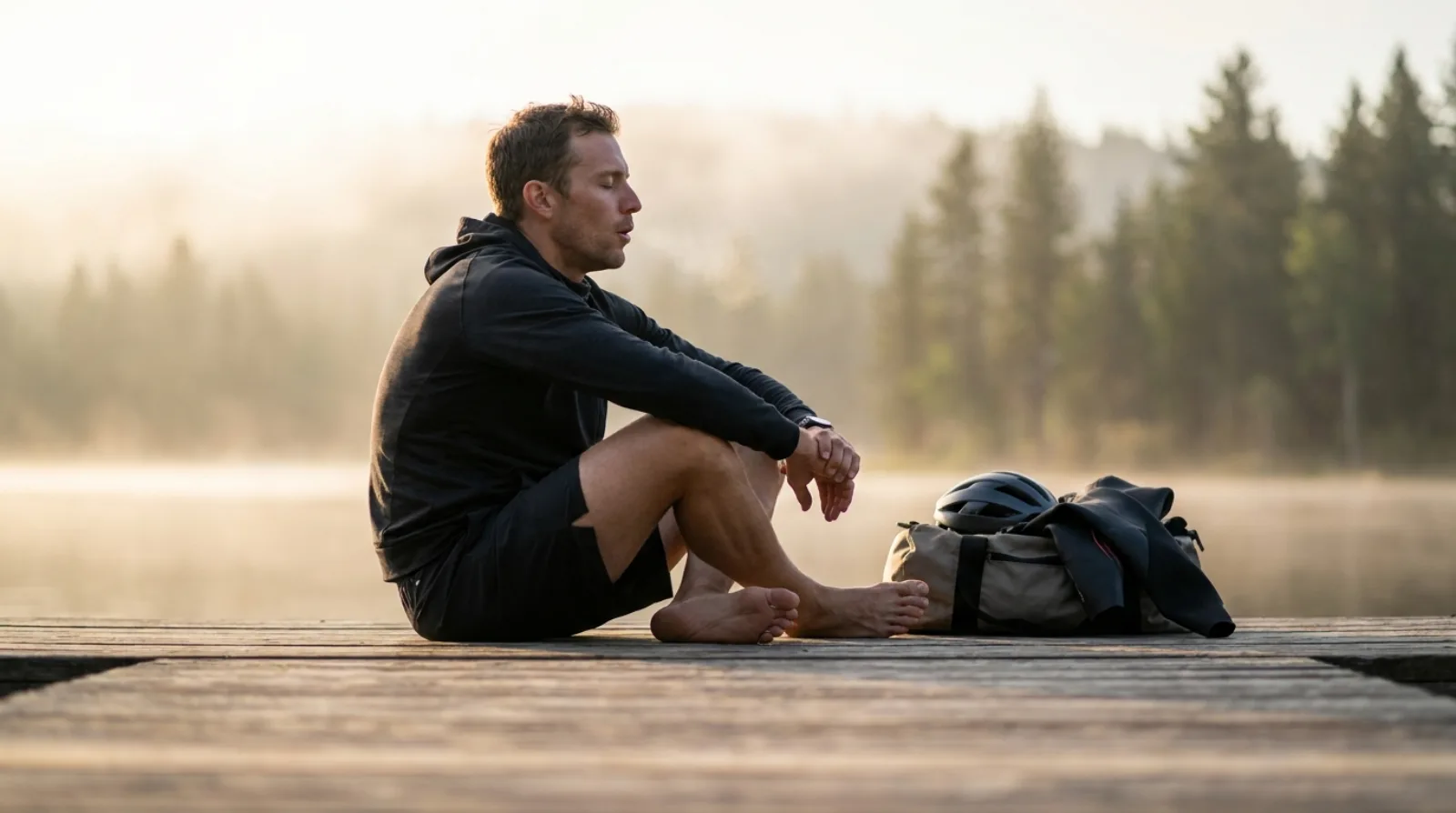 Athlete in quiet meditation at the edge of a lake at dawn