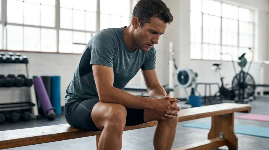 Athlete in focused pre-session concentration in a gym