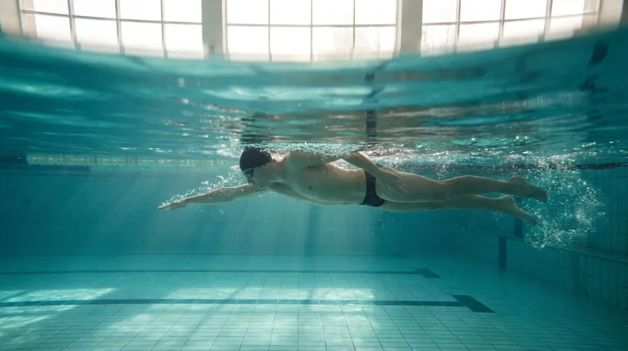 Swimmer mid-stroke in clear blue water showing perfect freestyle form
