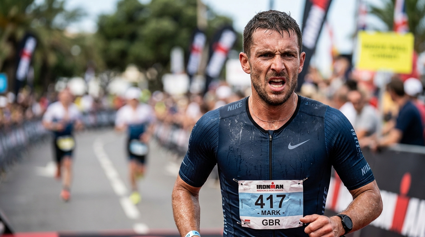 Triathlete breathing hard mid-race with intense determination on his face