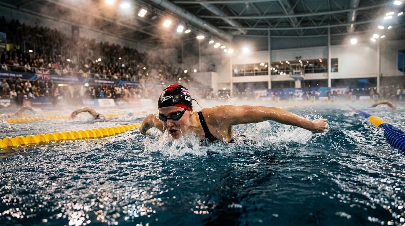 Competitive swimmer in an indoor chlorinated pool with steam and mist rising from the water