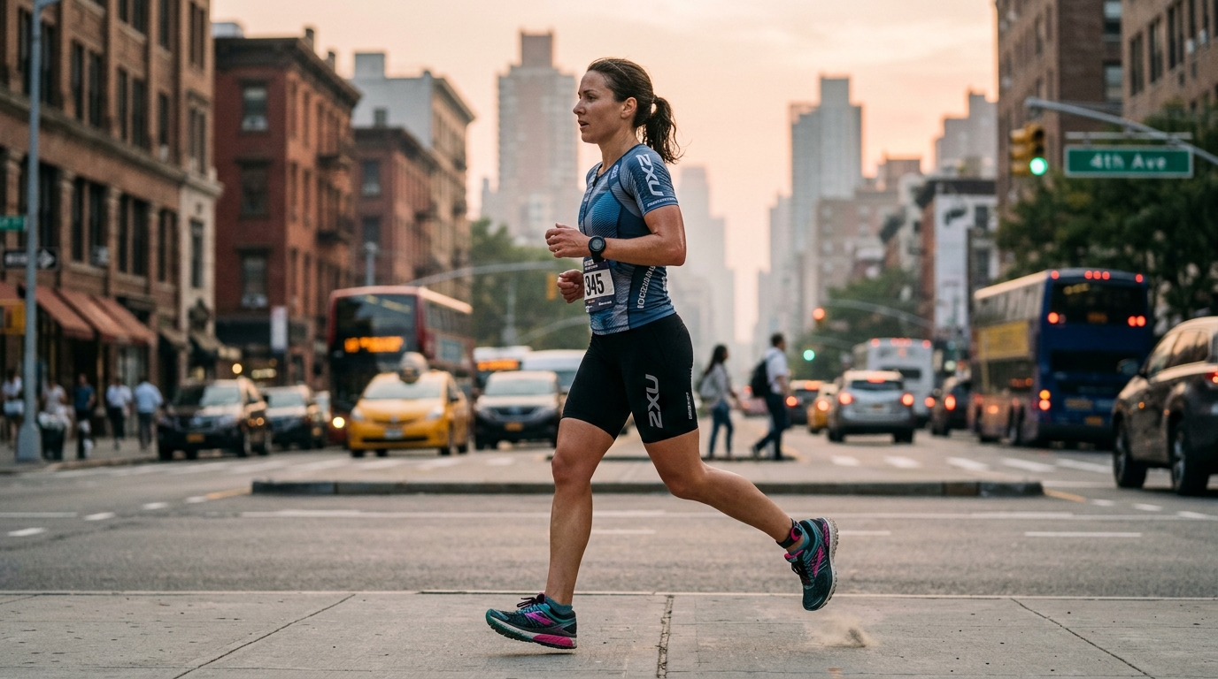 Female triathlete running in an urban city environment with city skyline and traffic haze visible