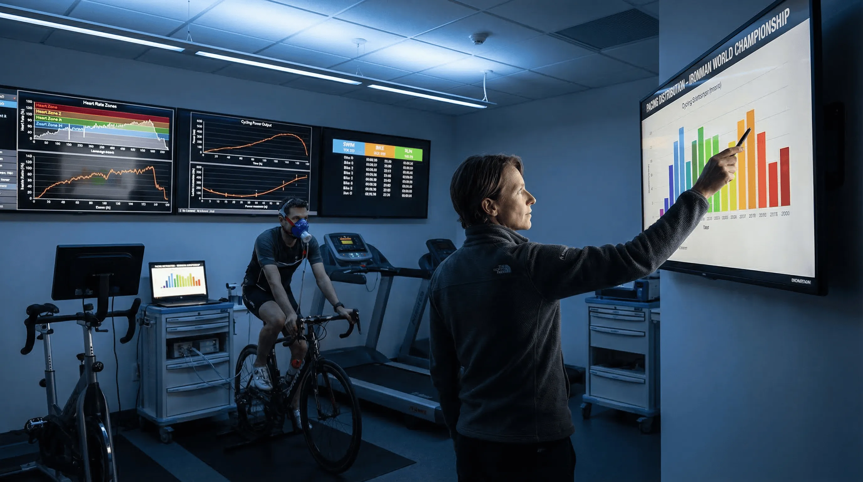 Sports scientist analyzing Ironman pacing data on large monitors in a high-tech exercise physiology laboratory