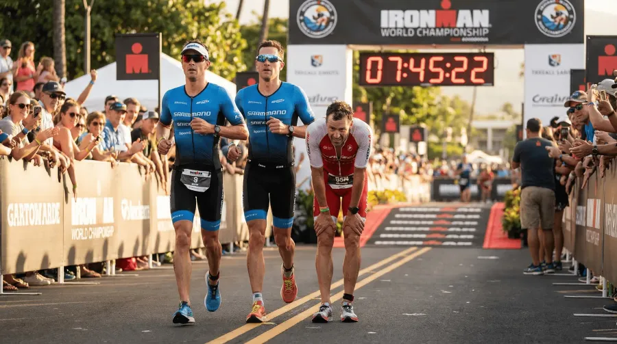 Two Ironman triathletes at mile 20 of the marathon: one running strong, one walking and struggling from poor bike pacing
