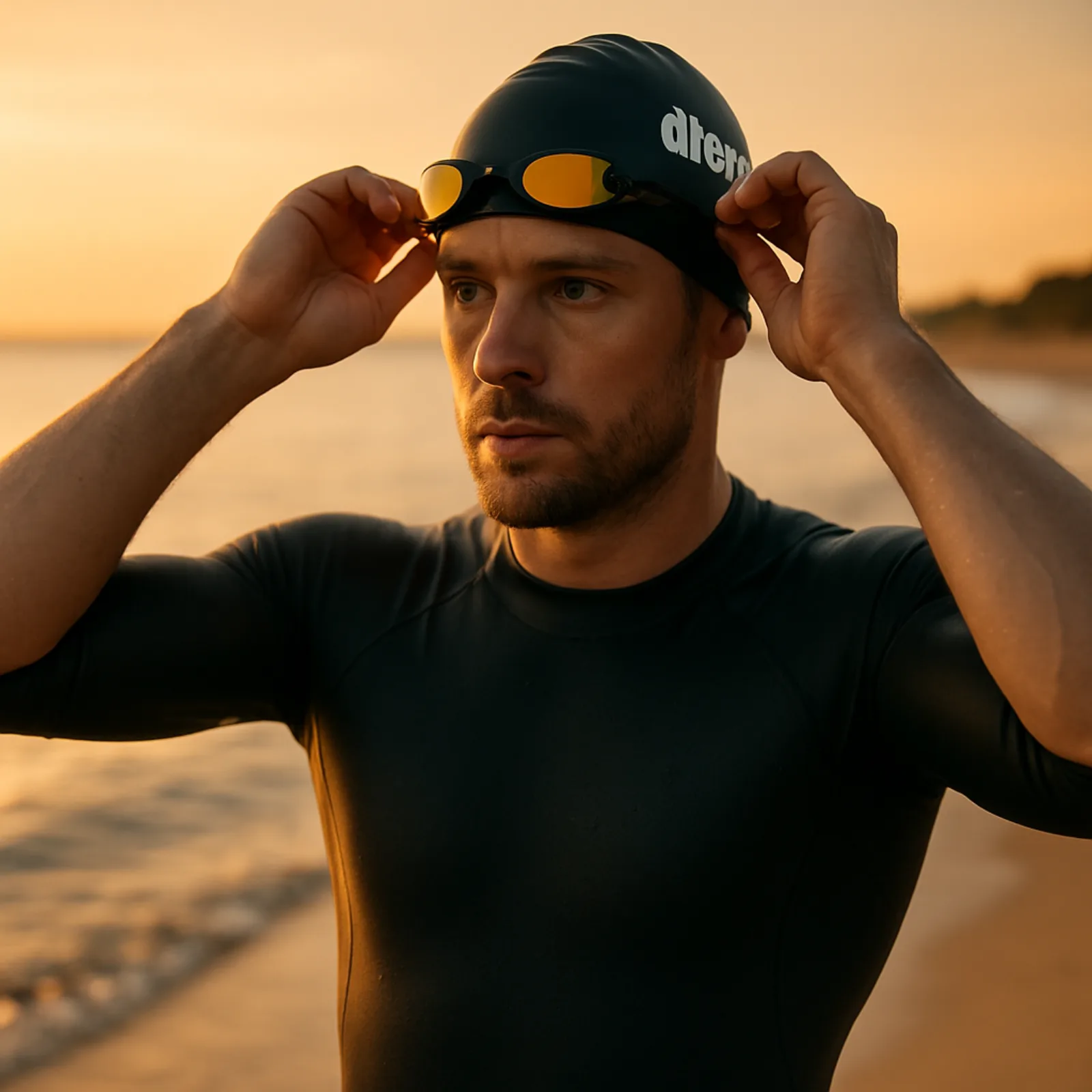 Triathlete holding Arena Cobra goggles before open water race start, sunrise light on mirror lenses