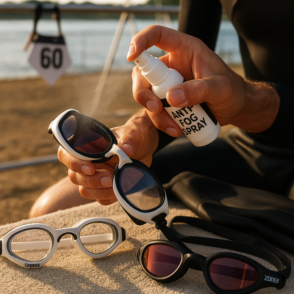 Triathlete applying anti-fog spray to swim goggles in transition area before open water race