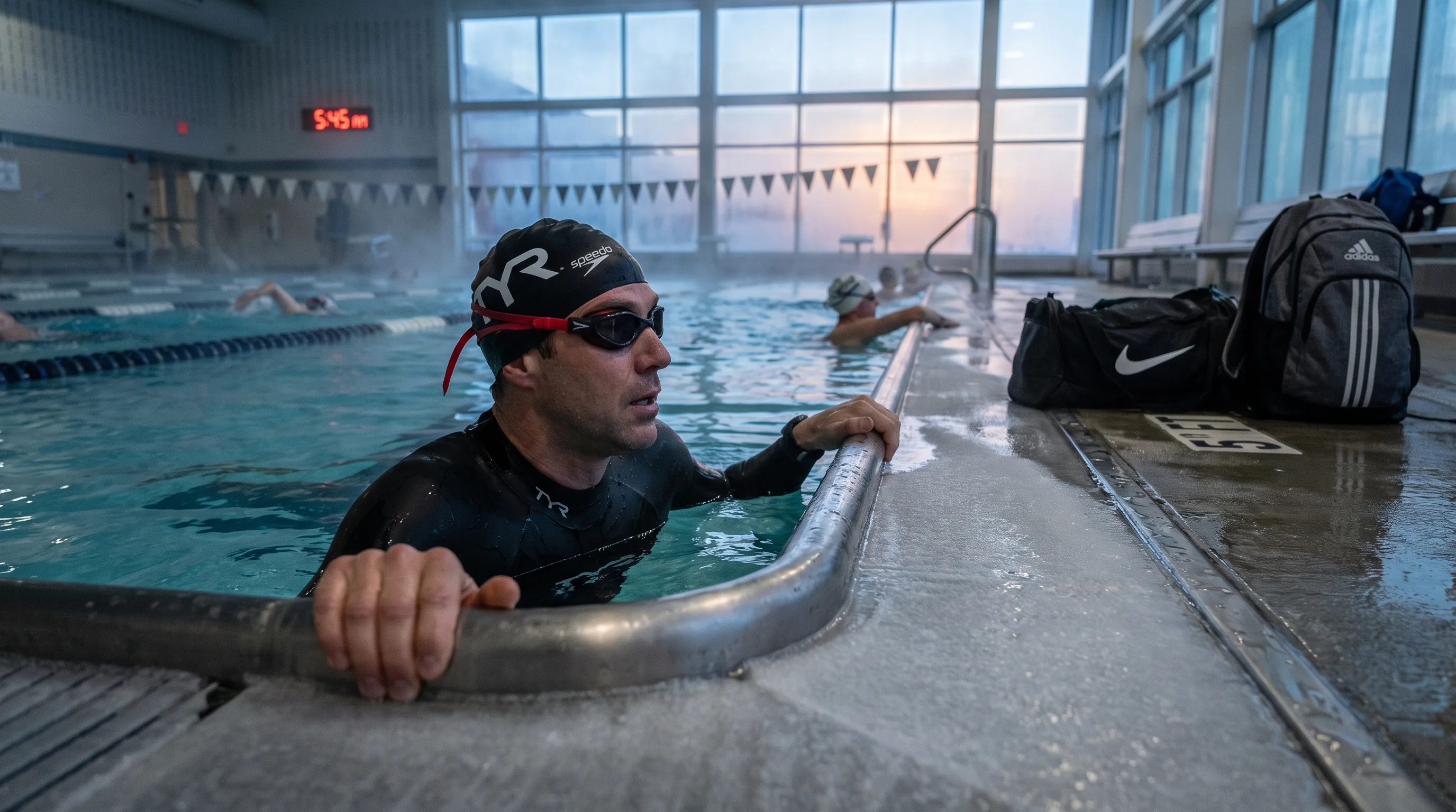 Triathlete gripping the pool edge rail after an early morning swim workout, with a Nike gym bag and Adidas backpack on the pool deck before heading to work