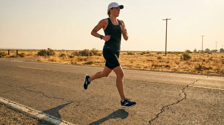 Triathlete running on a hot summer road during heat training