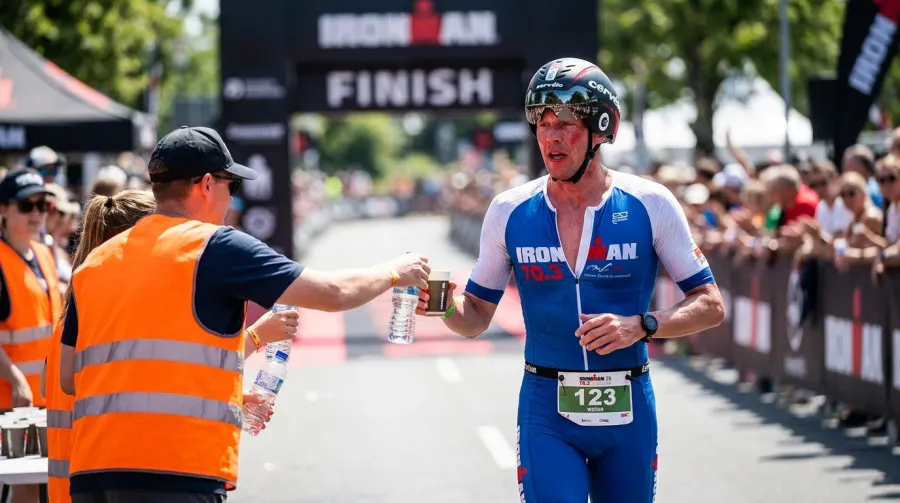 Triathlete grabbing water and electrolytes at an IRONMAN aid station in summer heat