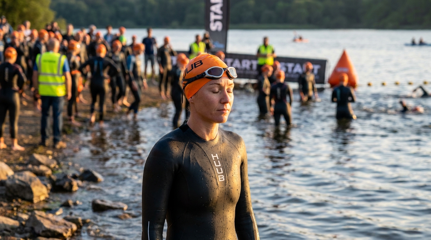 Triathlete at race start with eyes closed in focused pre-race mental preparation