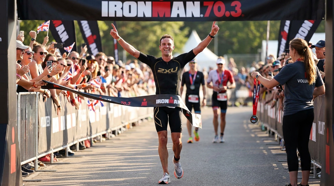 Triathlete crossing the finish line with arms raised in pure joy and achievement