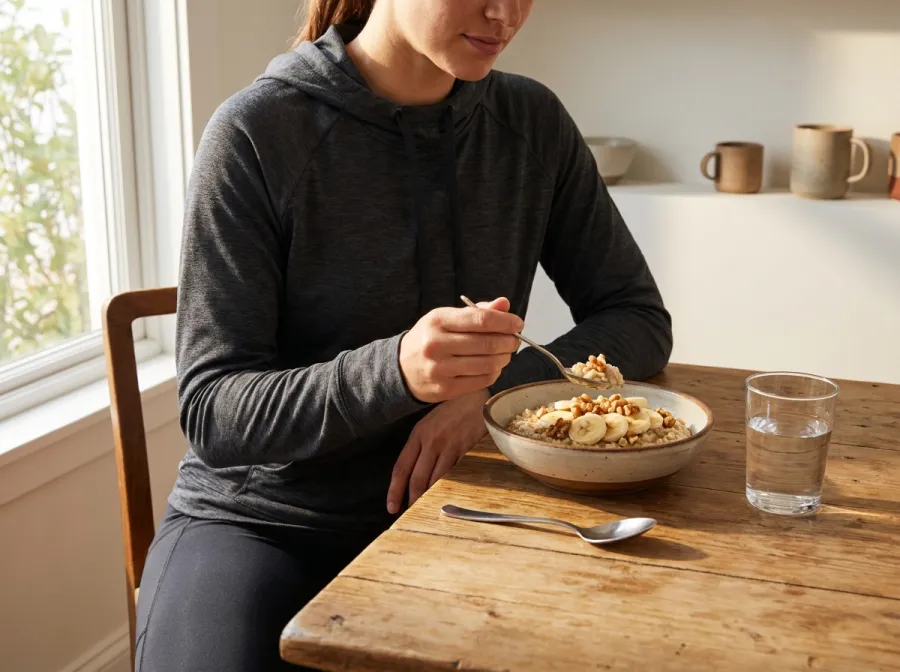 Triathlete eating oatmeal with banana and walnuts before a morning training session