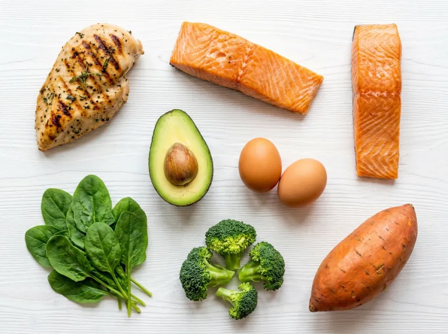A variety of whole foods including chicken, salmon, avocado, eggs, and leafy greens for triathlete nutrition