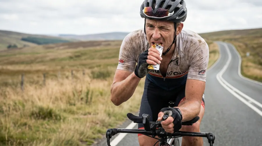Triathlete eating an energy gel while cycling on a long training ride