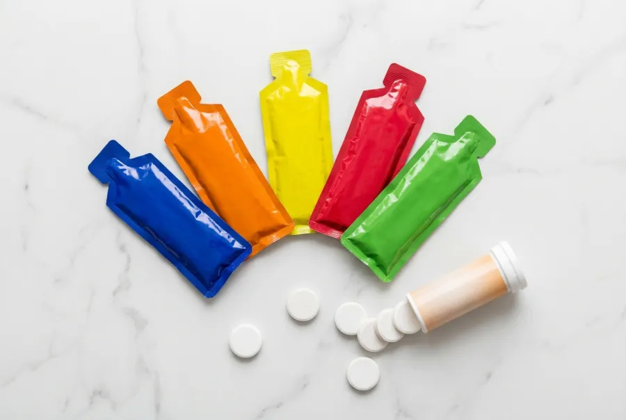 Flat-lay of triathlon nutrition products including energy gels and electrolyte tablets on white surface