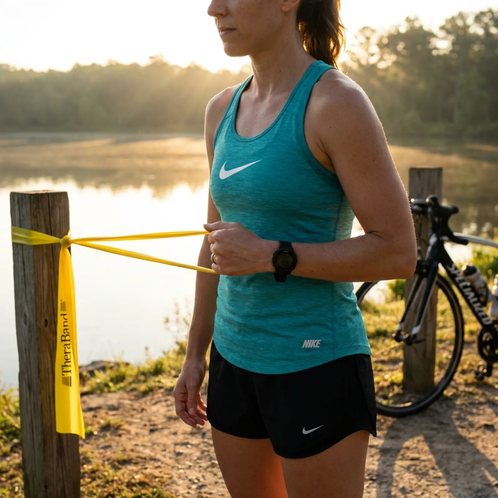 Triathlete performing a resistance band prehab exercise outdoors at sunrise as part of an injury prevention routine