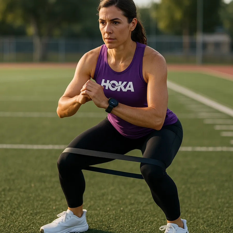 Athlete performing a lateral resistance band walk to strengthen hip abductors and prevent runner's knee and IT band syndrome
