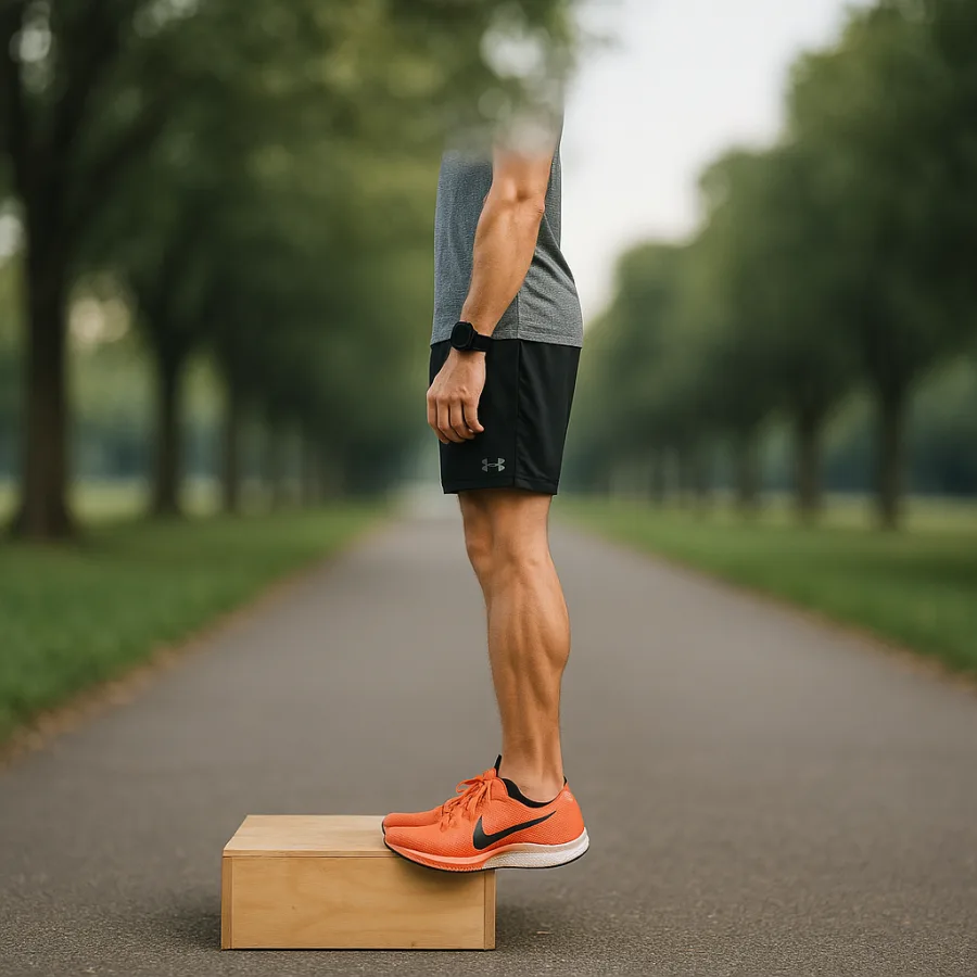 Runner performing a slow eccentric calf raise off the edge of a step to prevent Achilles tendinopathy