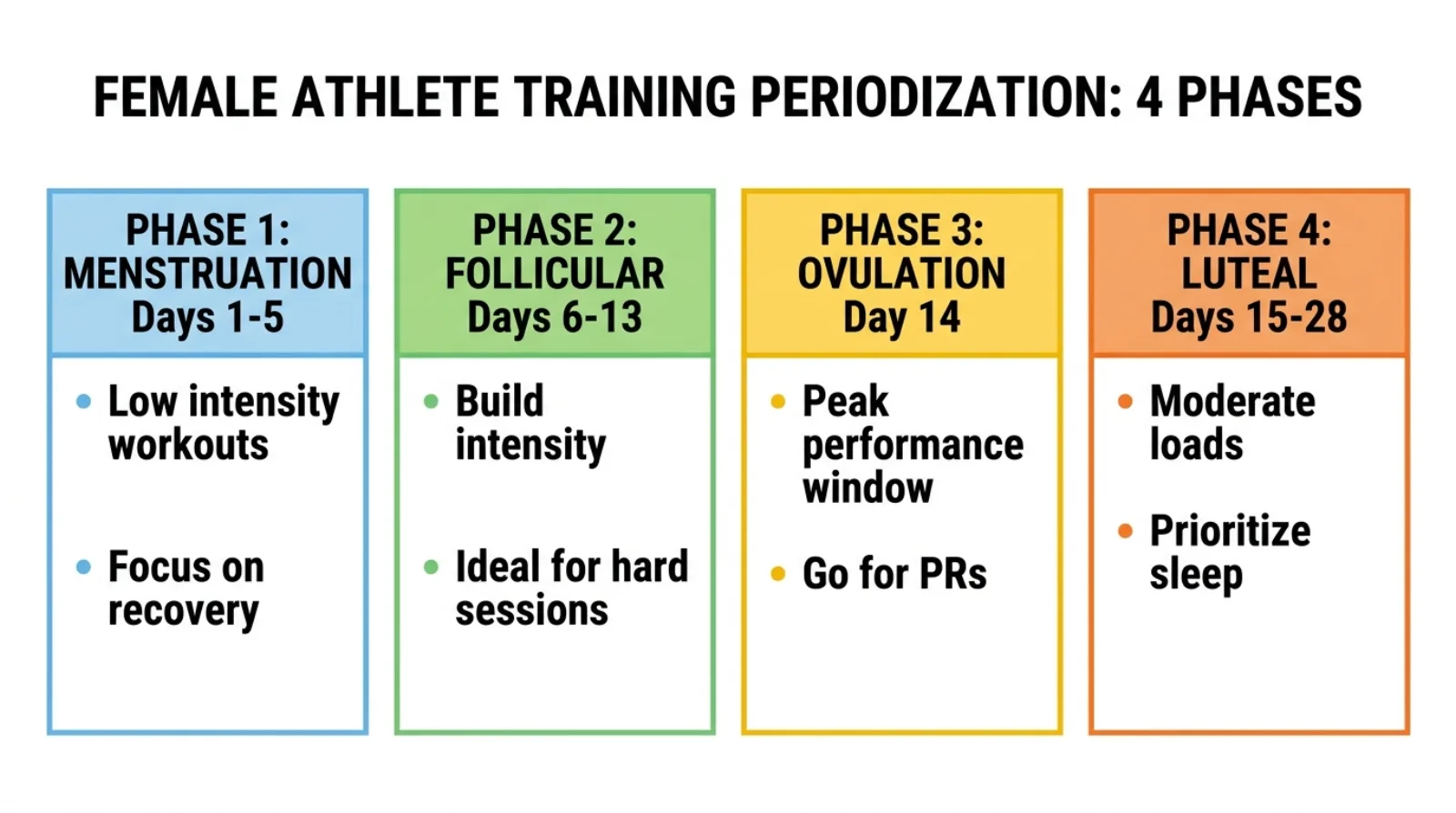 Infographic showing the 4 phases of the menstrual cycle and how to structure triathlon training in each phase