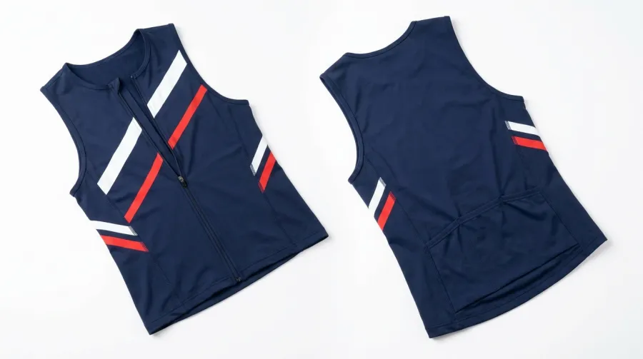 Trisuit product flat-lay showing front and back of a navy blue and red race suit