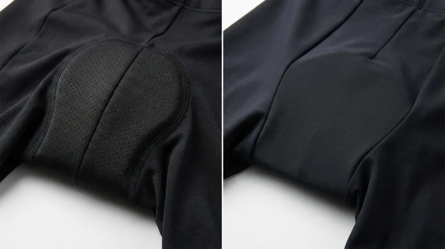 Side-by-side comparison of a trisuit chamois pad versus a flat chamois-free panel