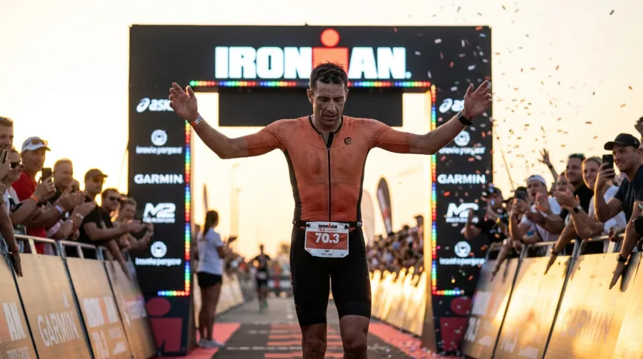 Triathlete crossing the IRONMAN finish line after a hard race