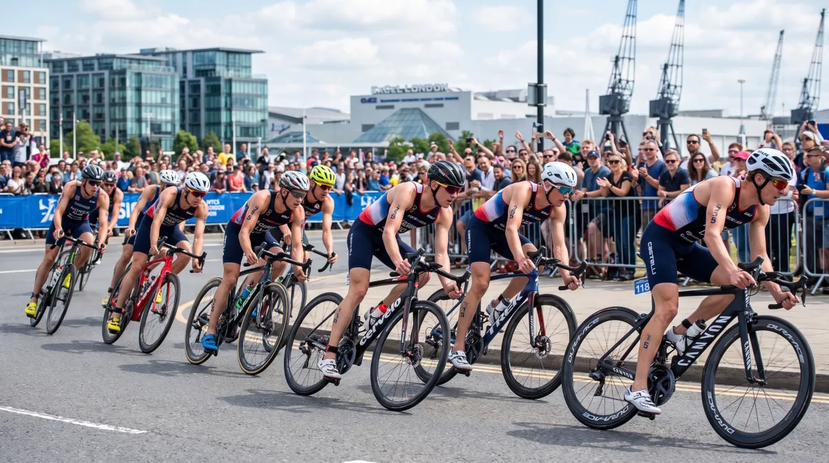Elite triathletes racing in a tight draft-legal bike pack on a flat sprint-distance course