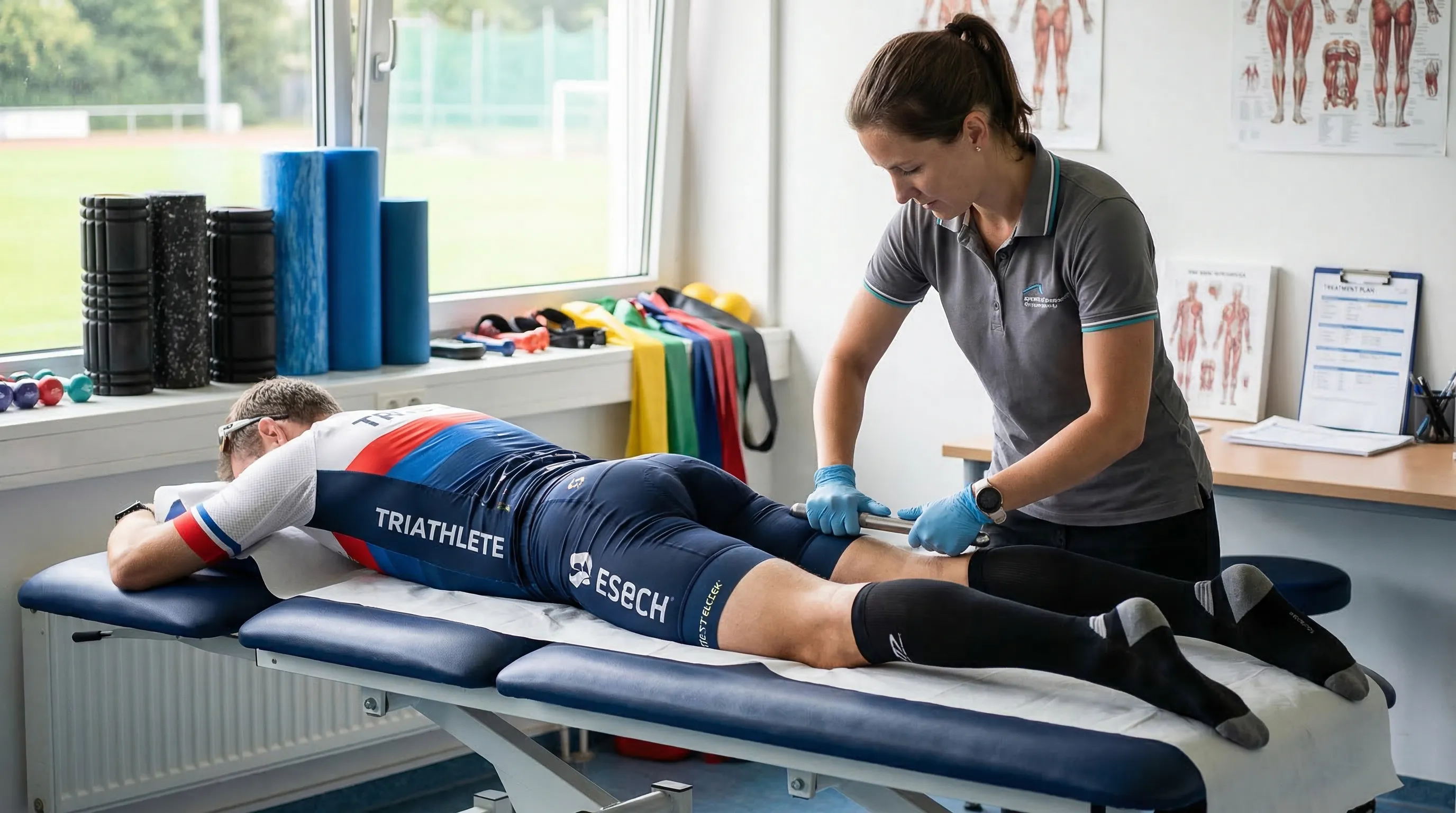 Triathlete receiving physical therapy treatment on their IT band from a sports physiotherapist