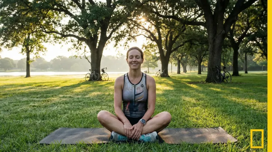 Triathlete meditating cross-legged on a yoga mat outdoors at sunrise in a peaceful park setting