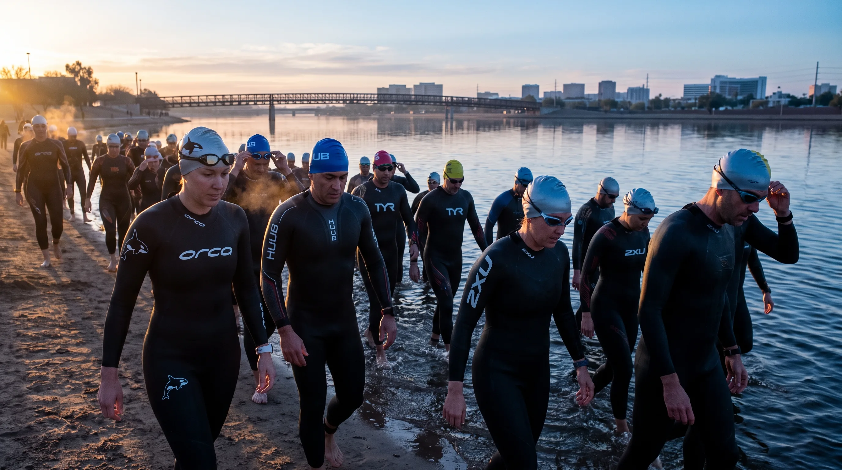 Triathletes entering Tempe Town Lake at a cold sunrise swim start for Ironman Arizona