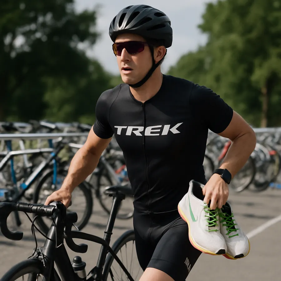 Triathlete transitioning from bike to run, focused and determined with Garmin watch visible