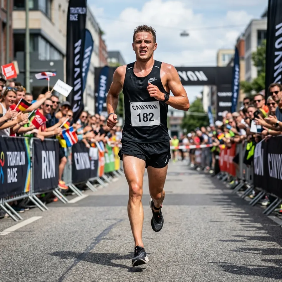 Exhausted triathlete on the run leg pushing through pain wearing Nike kit and race number bib