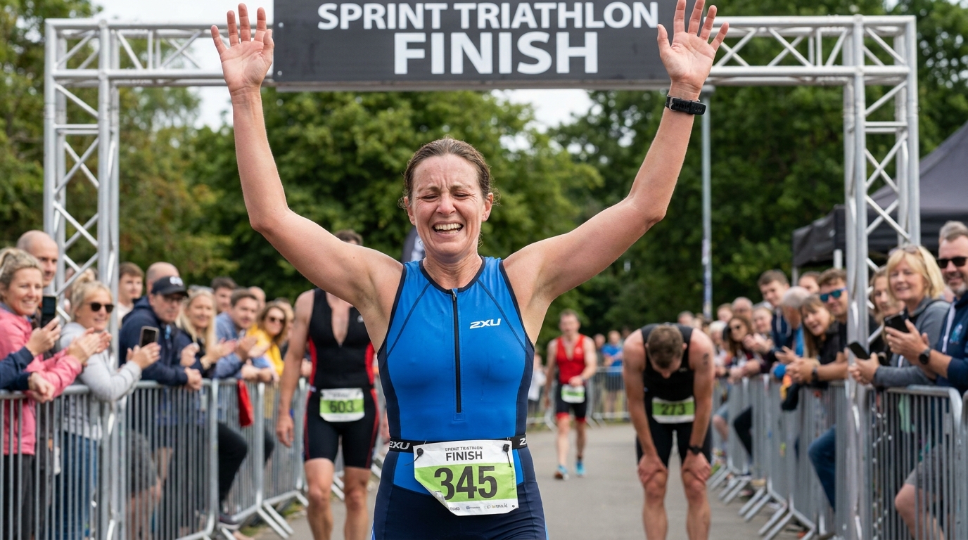 Beginner triathlete crossing the finish line with a mix of exhaustion and joy