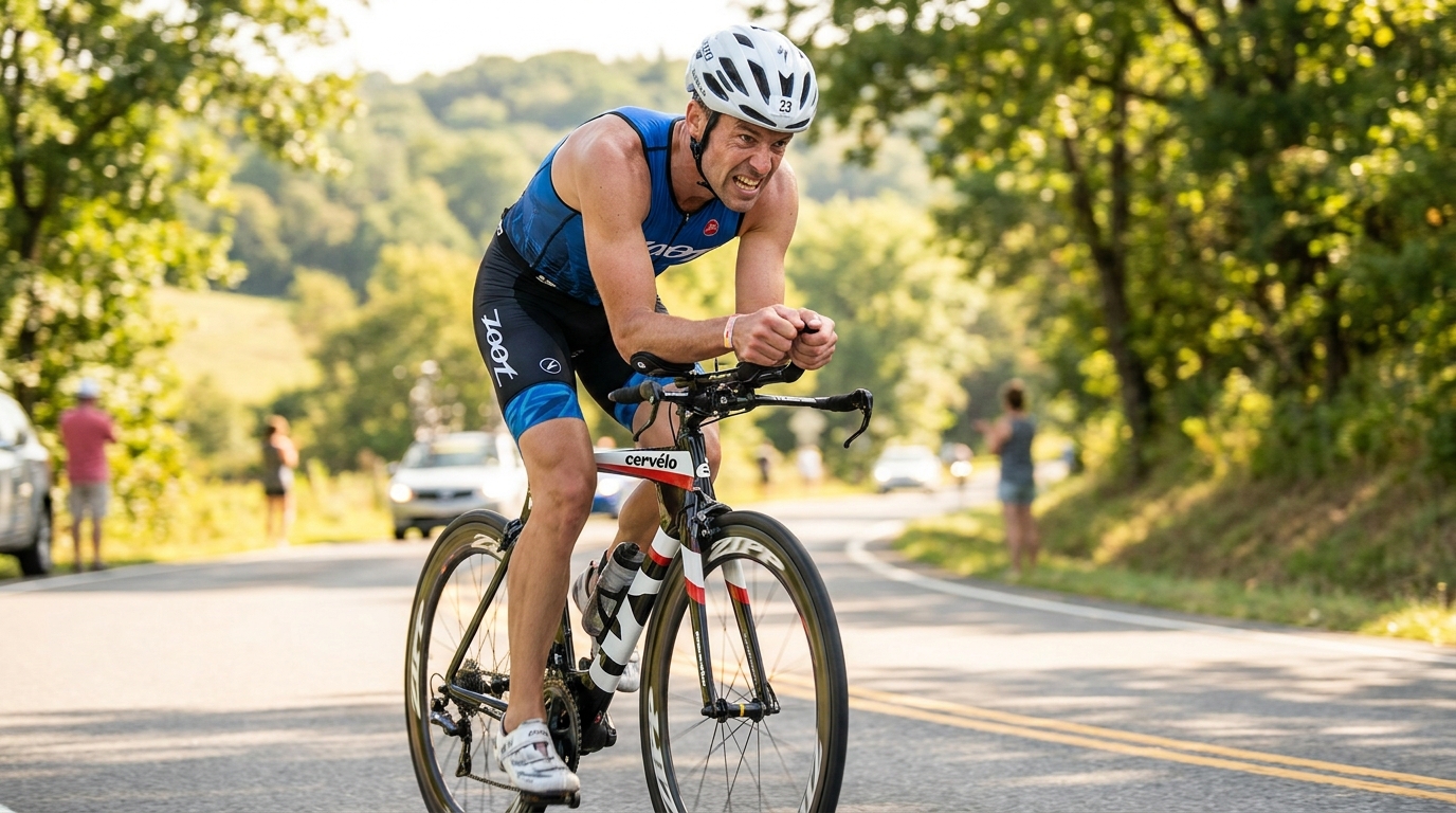 Triathlete on a road bike looking determined during a training ride