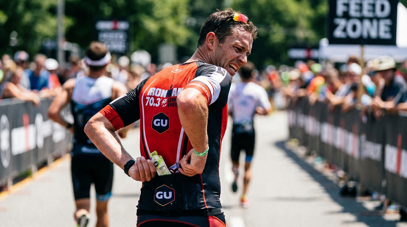 Triathlete grabbing an energy gel during a race